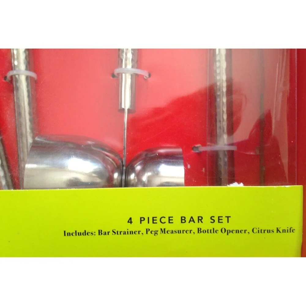 4 Piece Bar Set Hammered Stainless- Strainer, Opener, Peg Measurer, Citrus Knife